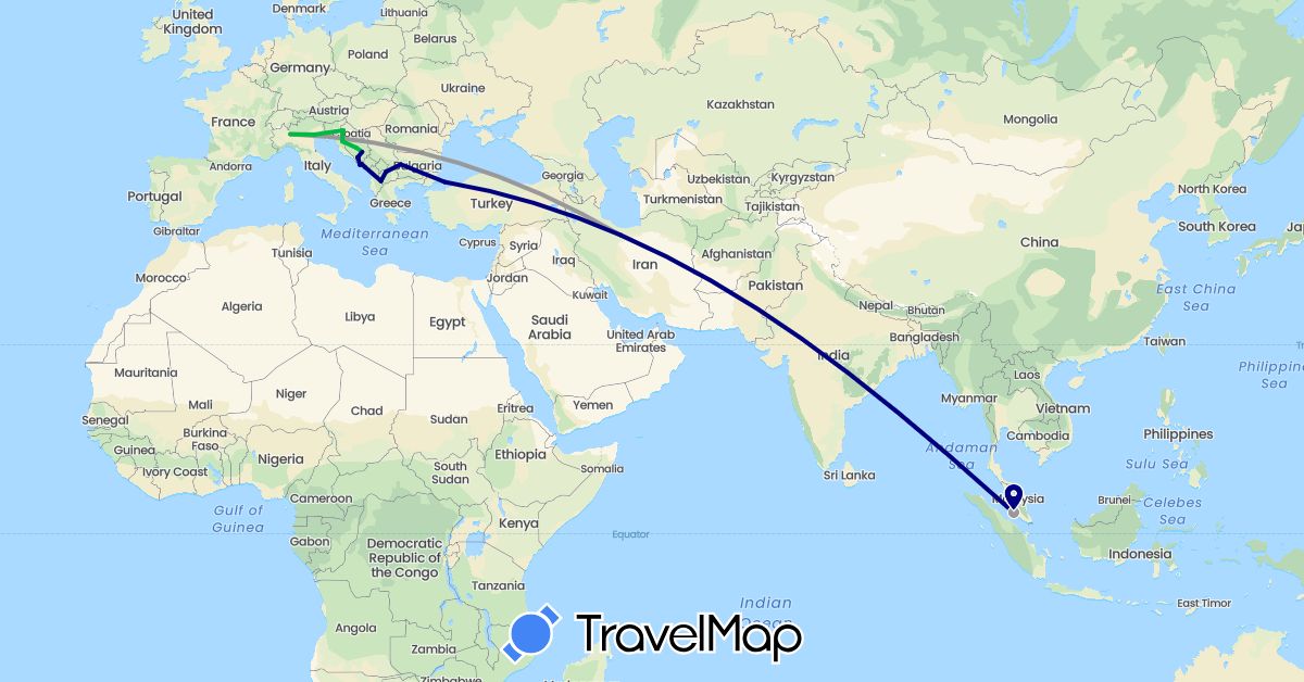 TravelMap itinerary: driving, bus, plane in Bosnia and Herzegovina, Bulgaria, Croatia, Iran, Italy, Montenegro, Macedonia, Malaysia, Turkey (Asia, Europe)